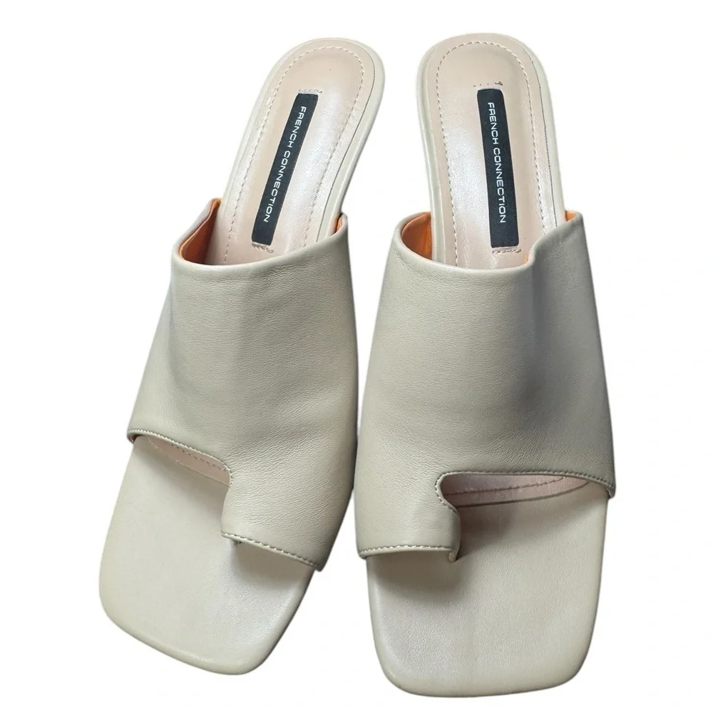 French Connection Beige Square-Toe Slip-On Heels Vegan Leather – Size 8.5